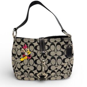 Coach Signature Black Shoulder Bag with Mickey and Minnie Decal